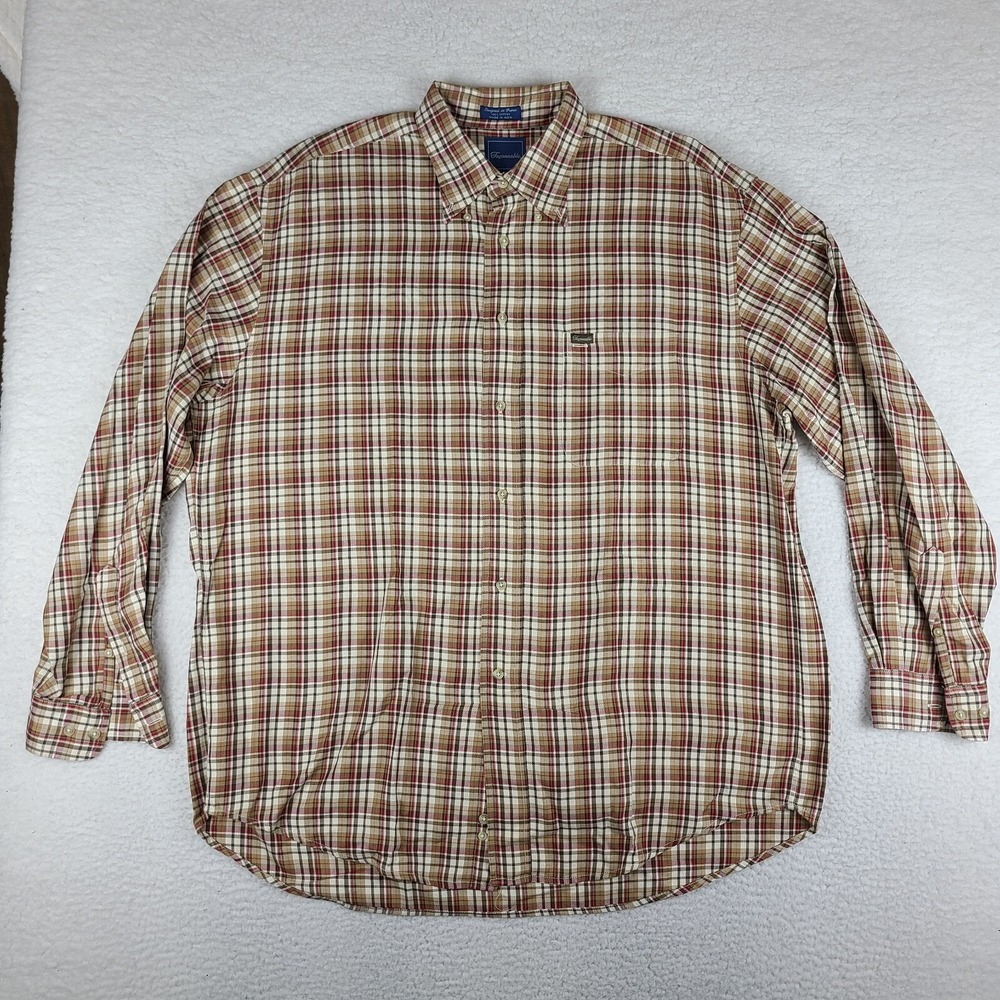 Faconnable Shirt Mens‎ 2XL XXL Brown Red Plaid 100% Cotton Dress Button Down